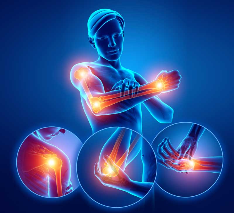 Blue illuminated illustration showing male body with hand, wrist, elbow and shoulder pain