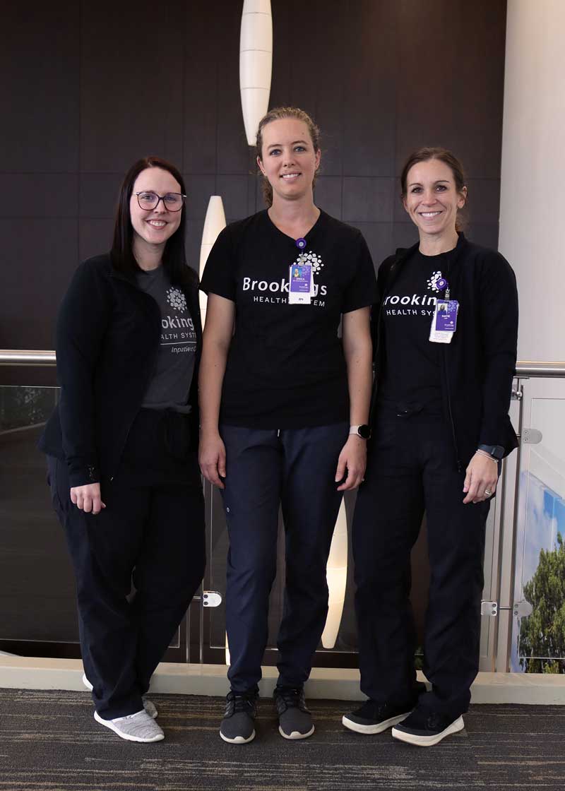 Brookings Heath System’s Wound Center care professionals have all earned their wound care specialization certification, demonstrating they possess the knowledge and skills necessary to identify, assess and treat wounds for patients. Pictured from left to right are Jaclyn Nielsen, RN; Erica Sanderson, RN; and Katie Jones, CNP.