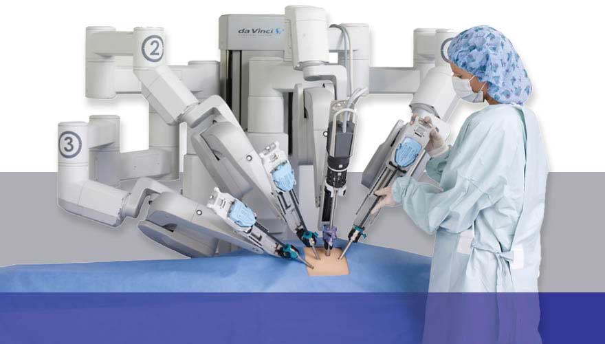 Surgical nurse adjusting the da Vinci robot ports on a patient